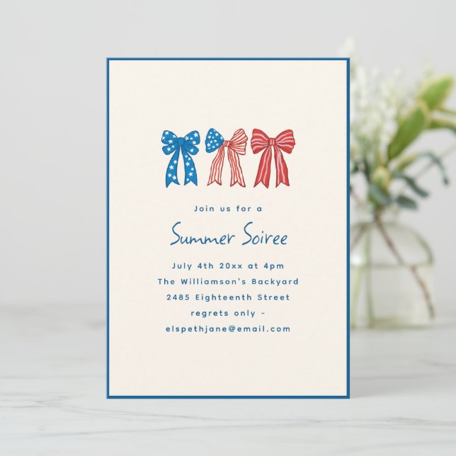 Red White Blue Bow Fourth of July Summer Soiree Invitation (Standing Front)