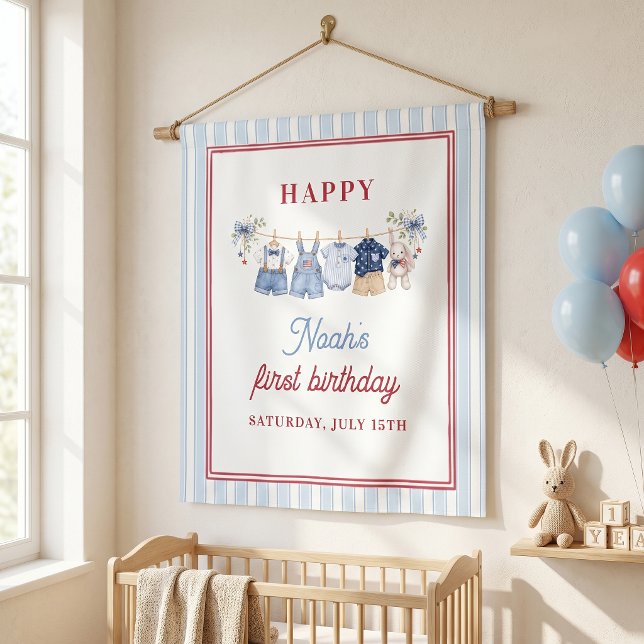 Red White Blue Boy Birthday Party Tapestry (Creator Uploaded)