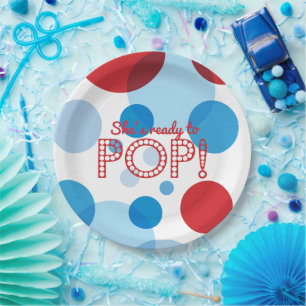 Red White Blue Bubbles Ready to Pop Baby Shower Paper Plate