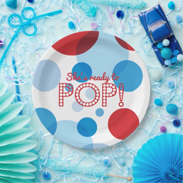 Red White Blue Bubbles Ready to Pop Baby Shower Paper Plate (Party)