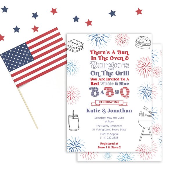 Red White Blue Bun in the Oven BabyQ Baby Shower Invitation (Fun Red White And Blue Bun In The Oven theme baby-q baby shower invite. Groovy 1970s inspired font)