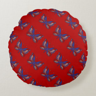 Red White Blue Butterfly-Red Round Pillow