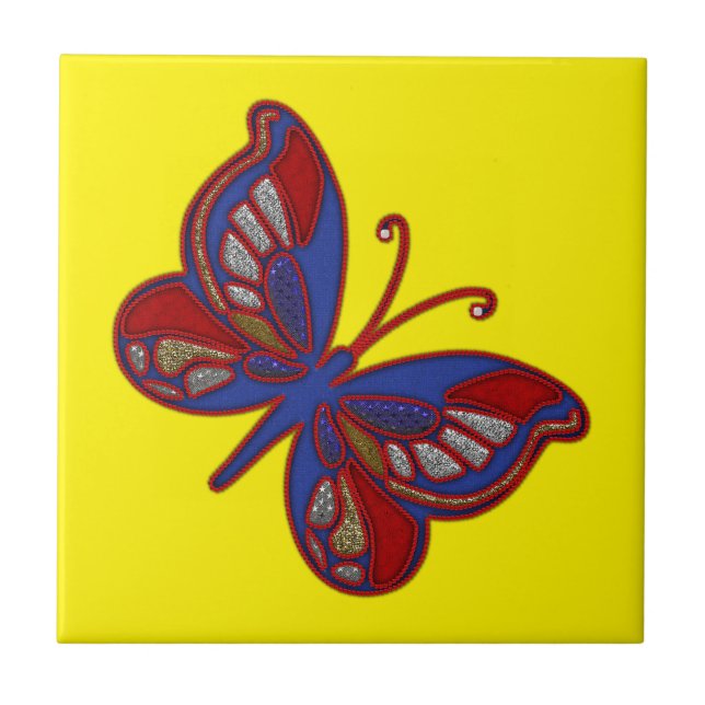 Red White Blue Butterfly-Yellow Ceramic Tile (Front)