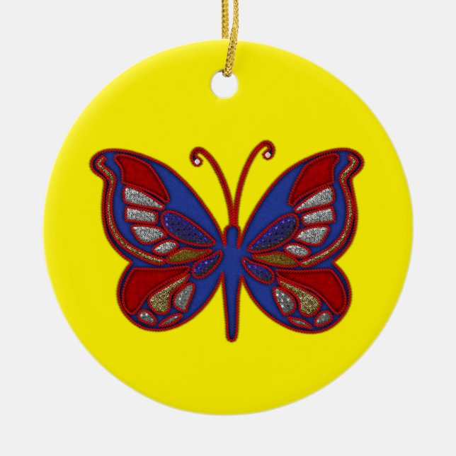 Red White Blue Butterfly-Yellow Round Ornament (Front)