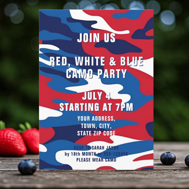 Red White Blue Camo 4th of July Party Invitation (Celebrate 4th of July with a red, white and blue camo party. Just add your details)