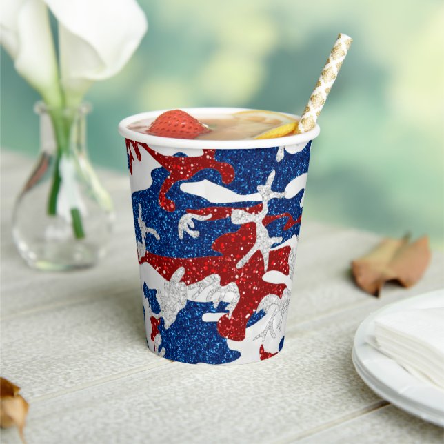 Red, White & Blue Camo July 4th Glitter Paper Cups (Insitu)