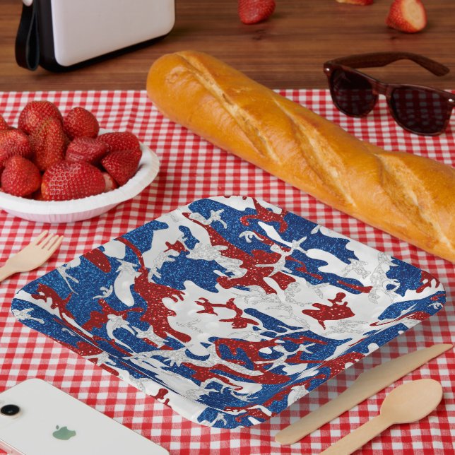 Red, White & Blue Camo July 4th Glitter Paper Plat Paper Plate (Picnic)