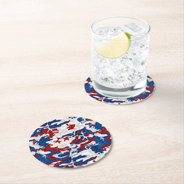 Red, White & Blue Camo July 4th Glitter Round Paper Coaster (Insitu)