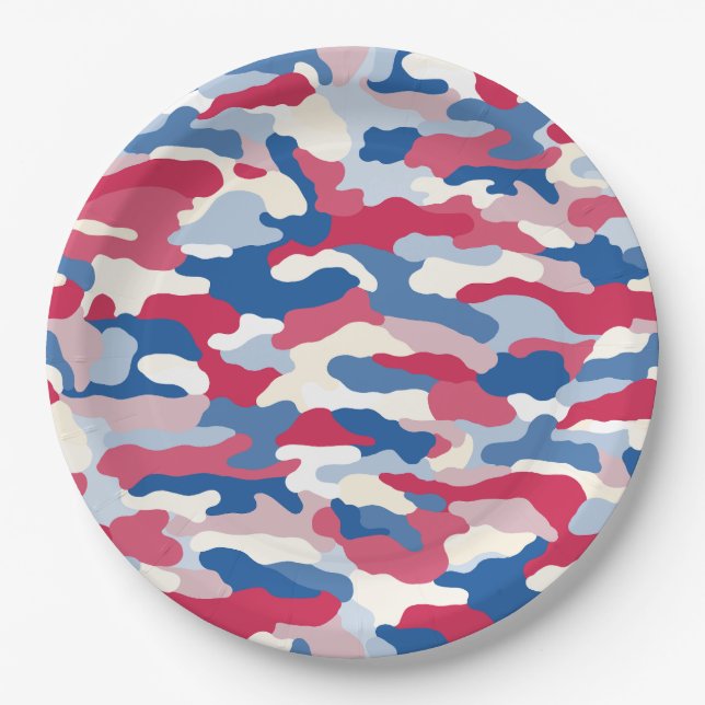 Red White & Blue Camouflage Paper Plate (Front)