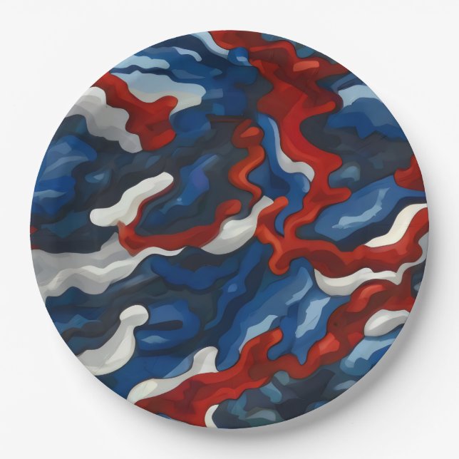 red white blue camouflage paper plate (Front)