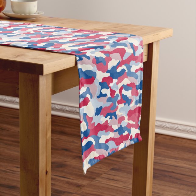 Red, White & Blue Camouflage Patriotic Short Table Runner (In Situ)