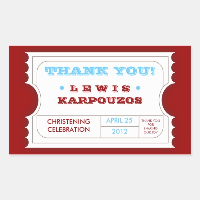 Red White Blue Carnival Thank You Ticket Sticker (Front)