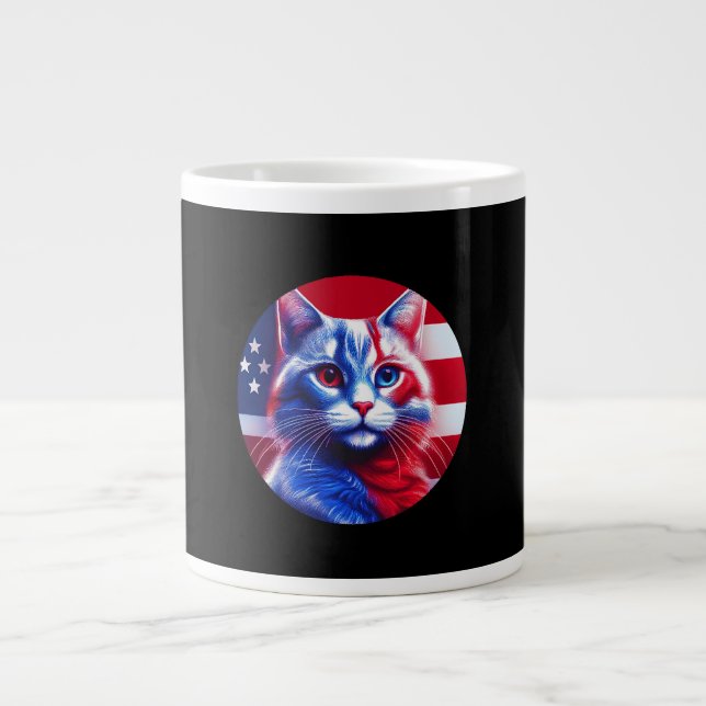 Red White & Blue Cat With American Flag Background Large Coffee Mug (Front)