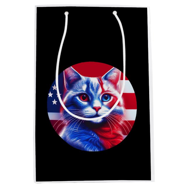 Red White & Blue Cat With American Flag Background Medium Gift Bag (Front)