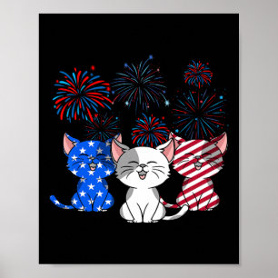 Red White Blue Cats Usa Flag Firework 4th Of July Poster