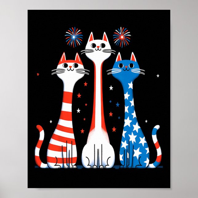Red White Blue Cats Usa Flag Firework 4th Of July  Poster (Front)