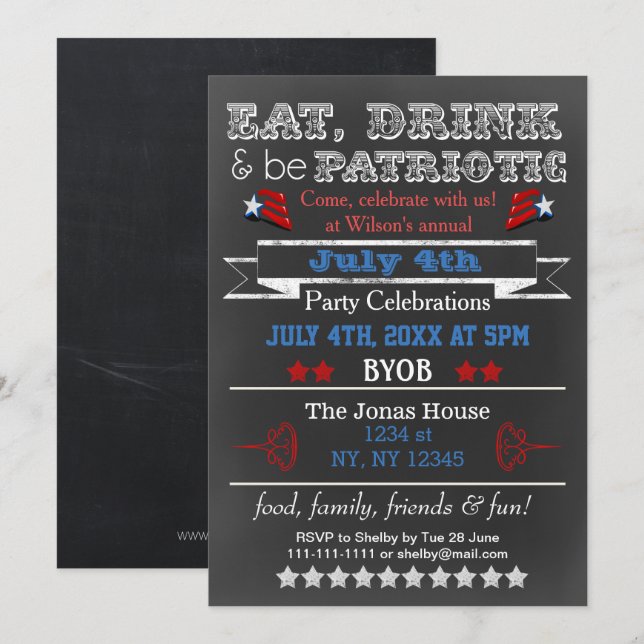 Red White Blue Chalkboard July 4th party Invites (Front/Back)