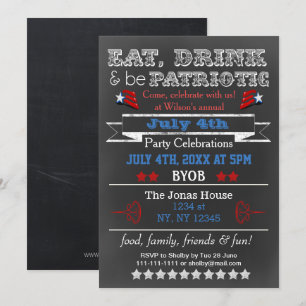 Red White Blue Chalkboard July 4th party Invites