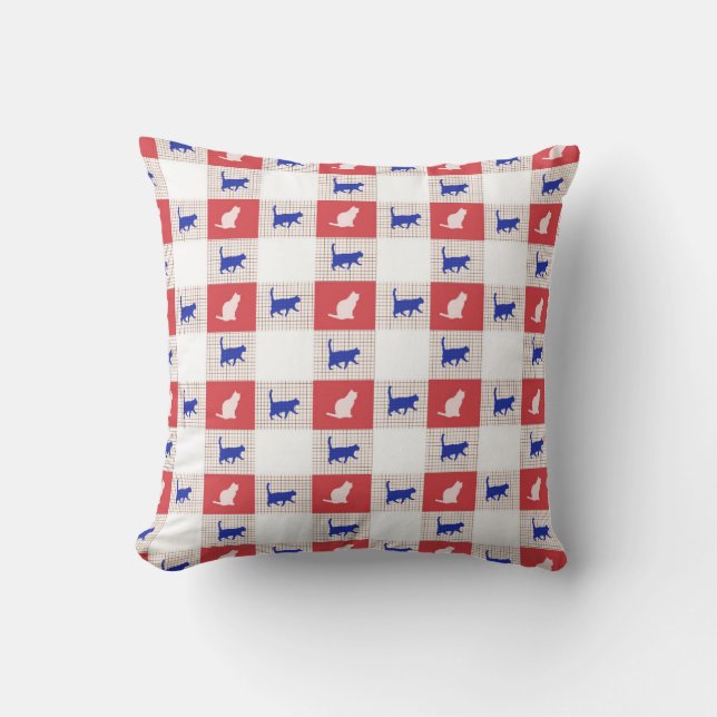 Red, White & Blue Chequerboard Cat Pattern Cushion (Front)