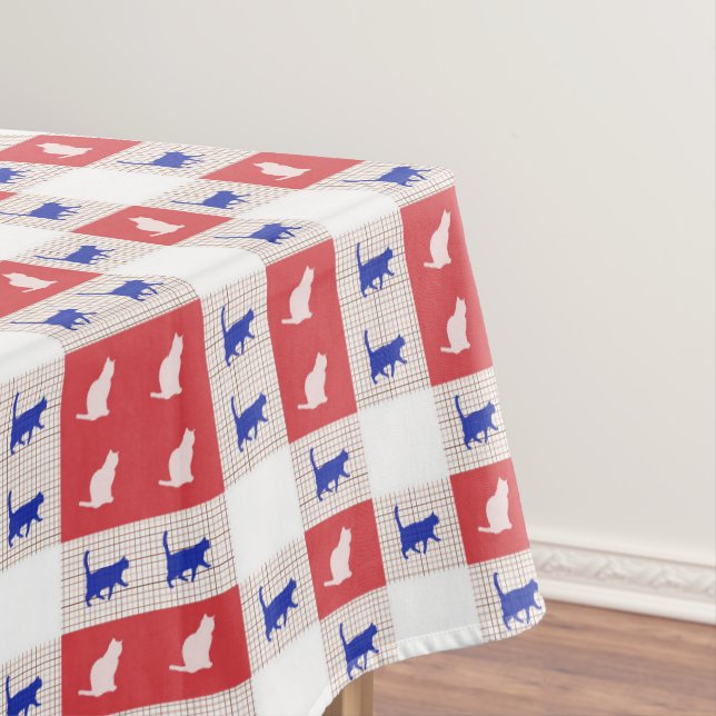 Red, White & Blue Chequerboard Cat Pattern Tablecloth (In Situ)