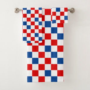 Red White Blue Chequered Pattern Design  Bath Towel Set