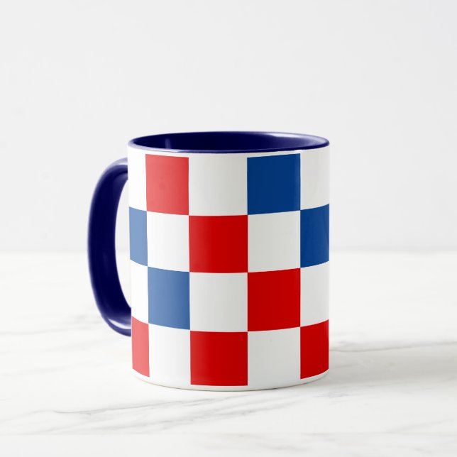 Red White Blue Chequered Pattern Design  Mug (Front Left)