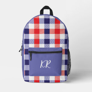 Red White Blue Chequered Plaid Pattern Initials Printed Backpack