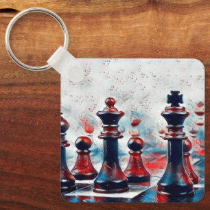 Red, White, Blue Chess Pieces King, Queen, Bishop Key Ring