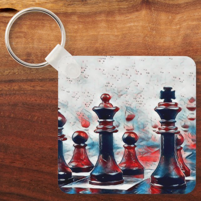Red, White, Blue Chess Pieces King, Queen, Bishop Key Ring (Front)
