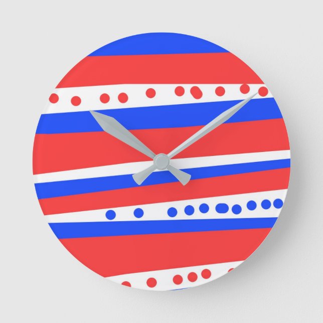 Red White Blue Circles Stripes Round Clock (Front)