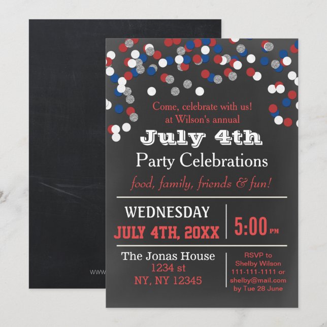 Red White Blue Confetti July 4th party Invitation (Front/Back)