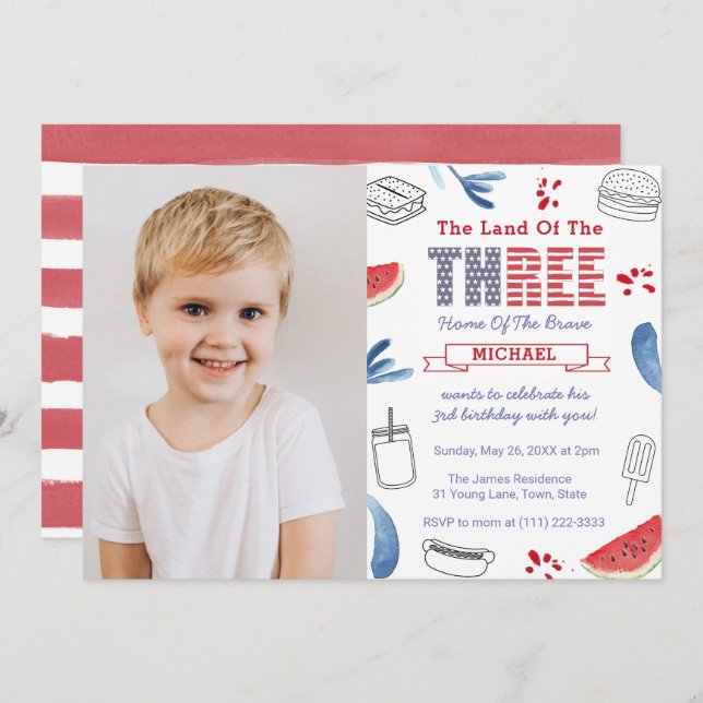 Red White Blue Cookout 3rd Birthday Party Picture Invitation (Front/Back)