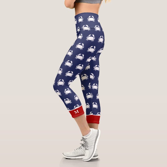 Red White Blue Crab Pattern Nautical Personalise  Capri Leggings (Left)