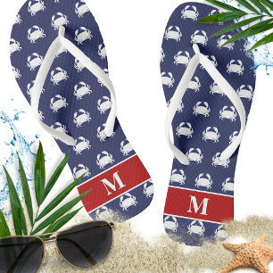 Red White Blue Crab Pattern Nautical Personalise Flip Flops