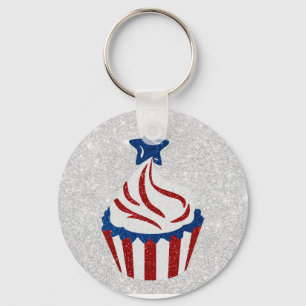 Red, White & Blue Cupcake July 4 Glitter Key Ring