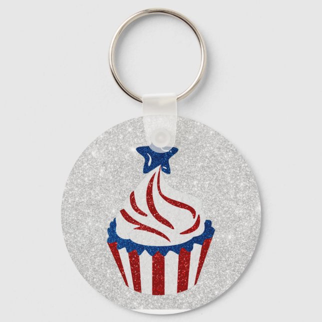 Red, White & Blue Cupcake July 4 Glitter Key Ring (Front)