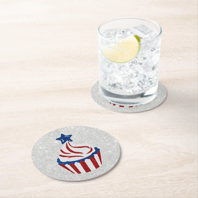 Red, White & Blue Cupcake July 4 Glitter Round Paper Coaster (Insitu)