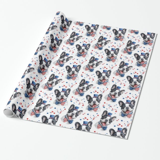 Red White Blue Cute Bulldog American Flag Stars Wrapping Paper (Unrolled)