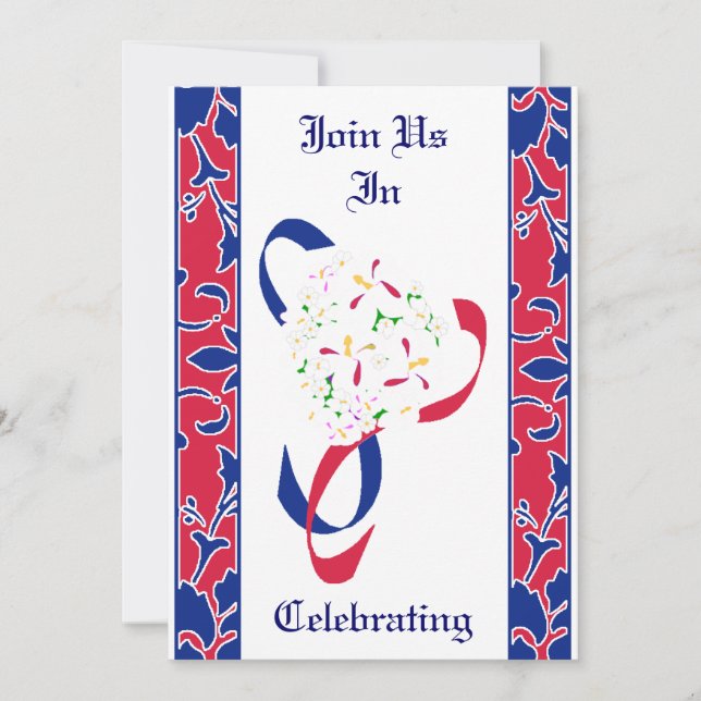Red, White, & Blue, Damask Wedding Invitation (Front)