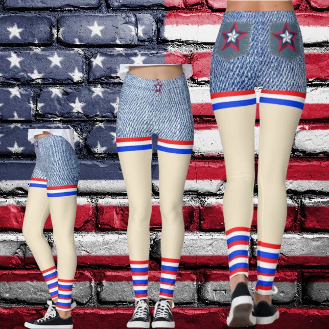 Red, White, Blue Denim Patriotic loos like shorts  Leggings (Red, White, Blue Stars & Stripes Denim Short Look alike Leggings. Tons of Fun to Wear!)