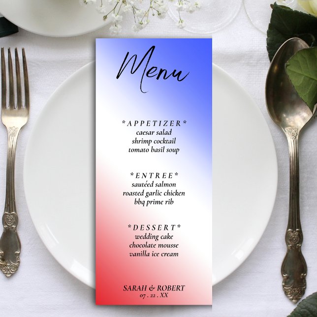 Red White & Blue Diagonal Ombre Wedding Reception Menu (Red White & Blue Diagonal Ombre Wedding Reception Menu)