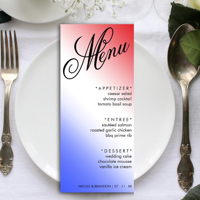 Red White & Blue Elegant Script Wedding Reception Menu (Red White & Blue Elegant Script Wedding Reception Menu)