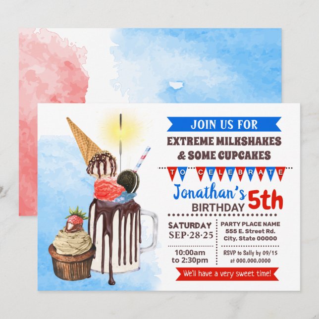 Red white blue Extreme milkshake icecream birthday Invitation (Front/Back)
