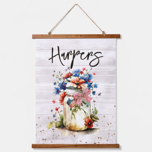 Red White & Blue Family Name Hanging Tapestry (Front)