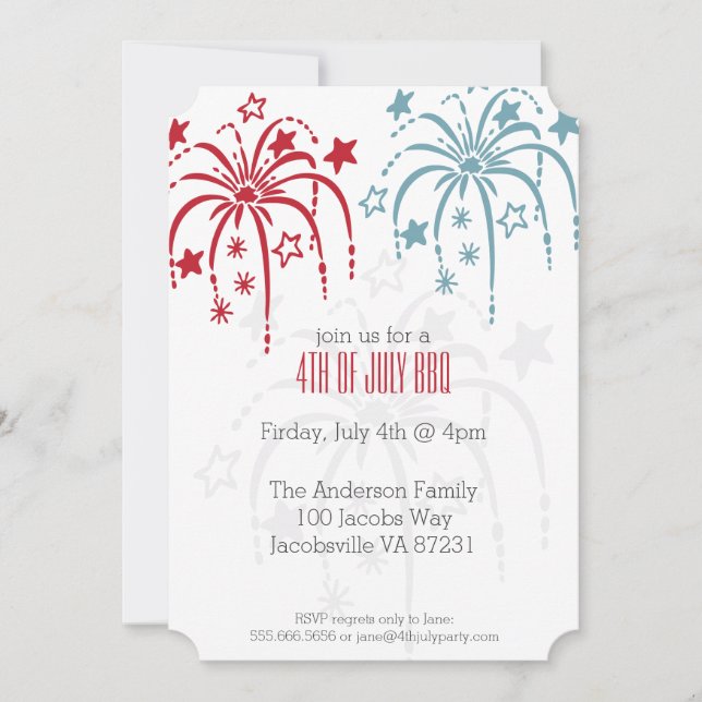 Red White & Blue Fireworks 4th of July Invitations (Front)