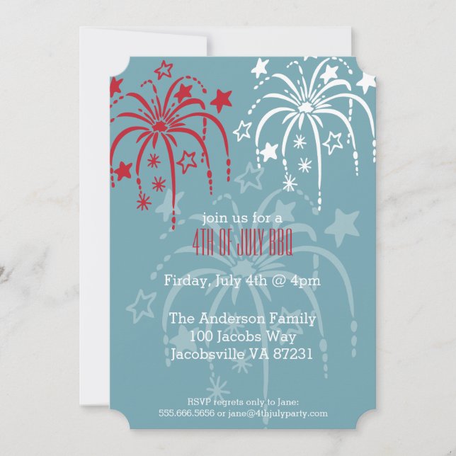 Red White & Blue Fireworks 4th of July Invitations (Front)
