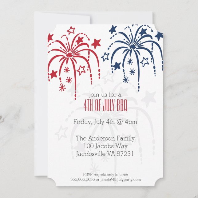 Red White & Blue Fireworks 4th of July Invitations (Front)