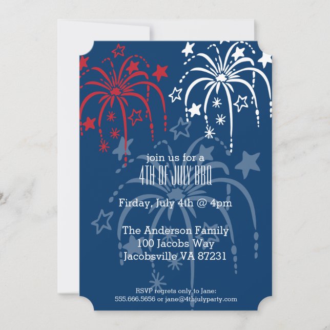 Red White & Blue Fireworks 4th of July Invitations (Front)