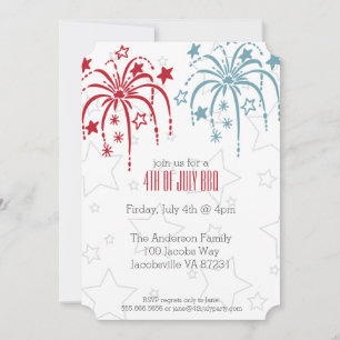 Red White & Blue Fireworks and Stars 4th of July Invitation