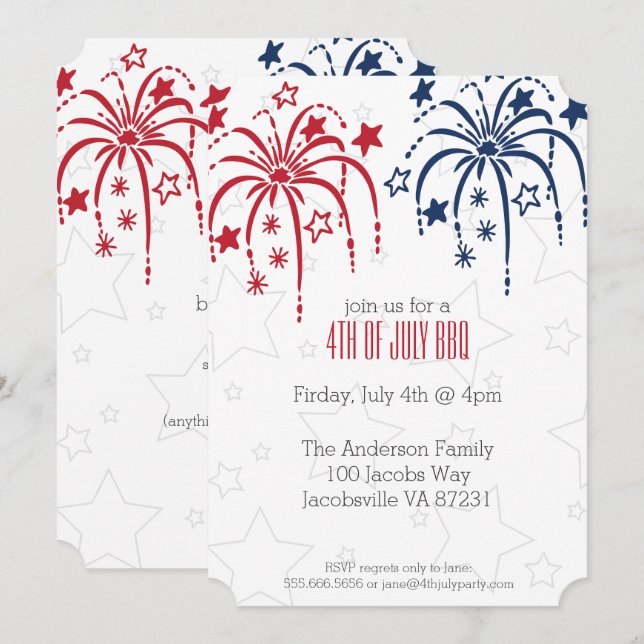 Red White & Blue Fireworks and Stars 4th of July Invitation (Front/Back)